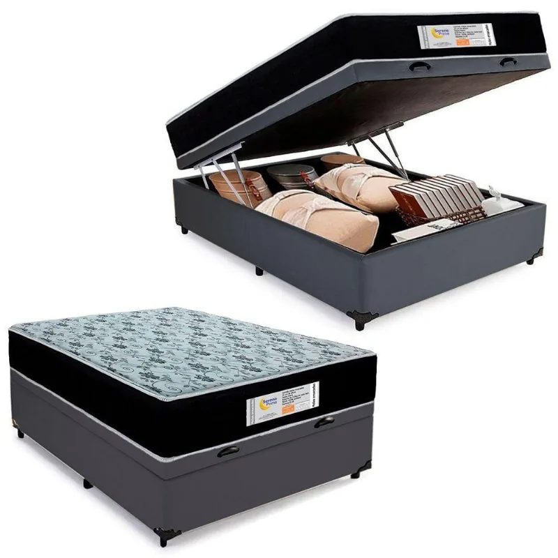 Cama Box Baú Casal Sintético + Colchão Molas Ensacadas Sereneprime Sonnolux 138cm Cinza - Suporta Até 110kg Por Pessoa