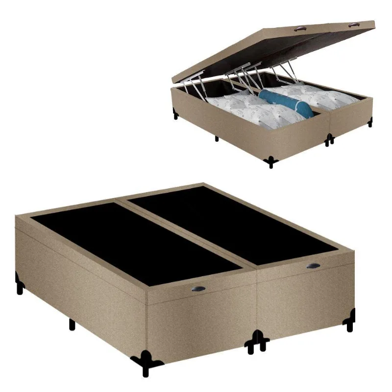 Cama Box com Baú Casal Belluno Bipartido Suede Bege Abertura Pneumática 138x188x41