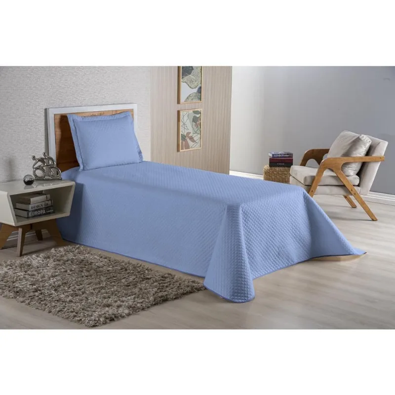Kit Colcha Cobre Leito Cama Solteiro 2 Peças Dubai Liso Azul