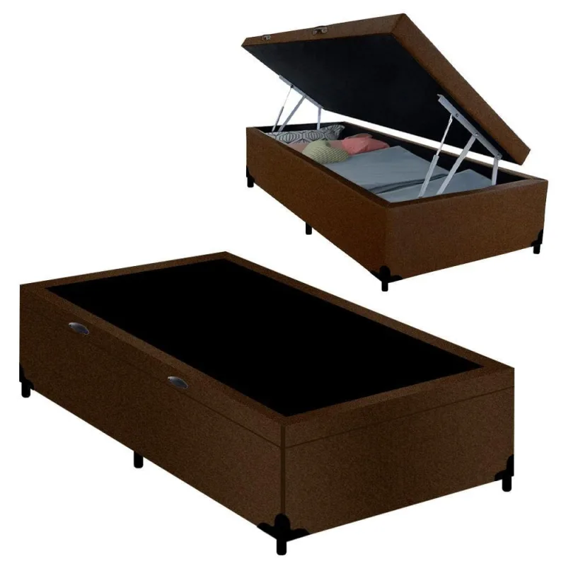 Cama Box com Baú Solteiro Belluno Abertura Pneumática Suede Marrom Bella Cama - OUTRAS - Colchões