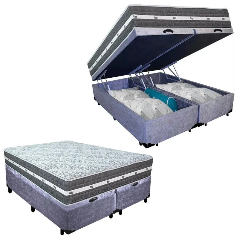 Cama Box Baú Casal Bipartido Suede + Colchão Black Graphite Molas Ensacadas 138x188x64cm cinza