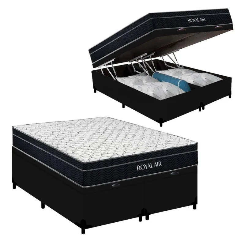 Cama Box Baú Casal Bipartido 138cm Royal Air com Colchão Molas Ensacadas Preto Royal