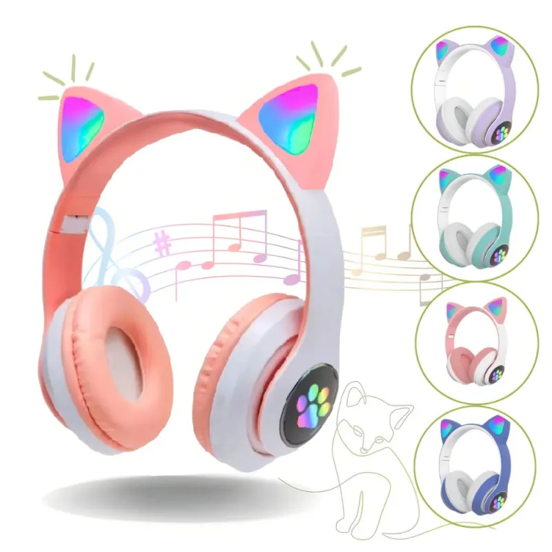 Fone de Ouvido LED Gamer Gatinho Sem Fio Microfone Rosa - MDM - áudio