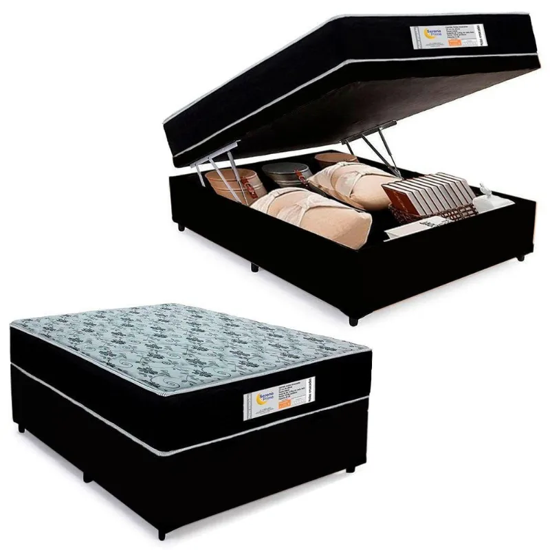 Cama Box Baú Casal Sintético + Colchão Molas Ensacadas Sereneprime Sonnolux 138cm Preto - Suporta Até 110kg Por Pessoa