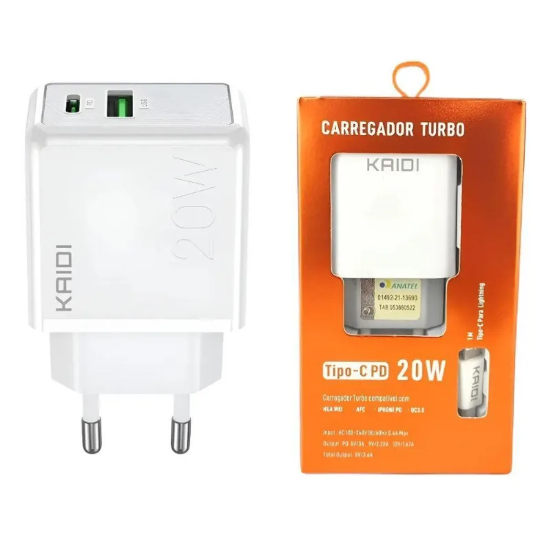 Carregador Lightning Mdm Kaidi 20w Para Dispositivos Compatíveis Com Potência Máxima Diária