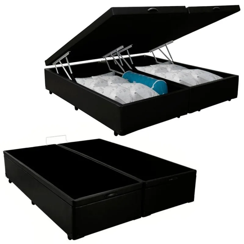 Cama Box Baú Casal Bipartido Sintético Mega Cama Preto 138x188x45cm - OUTRAS - Móveis