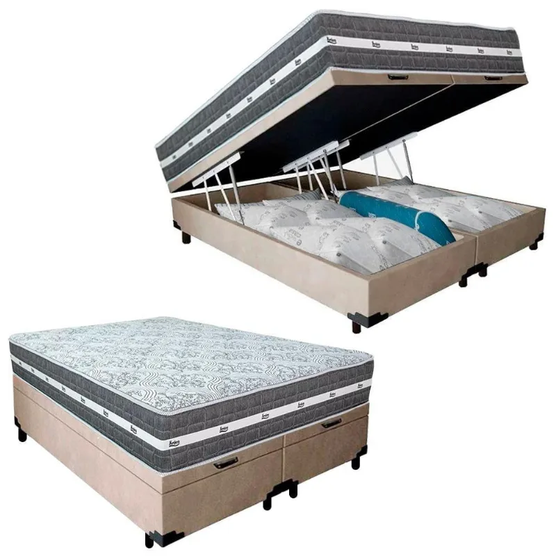 Cama Box Baú Casal Bipartido Suede + Colchão Black Graphite Molas Ensacadas 138x188x64cm Bege