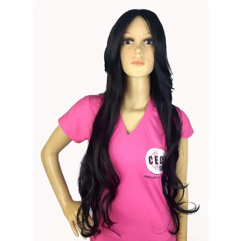 Peruca Lace Wig Ondulada Franjão Preta 1 Fibra 80Cm