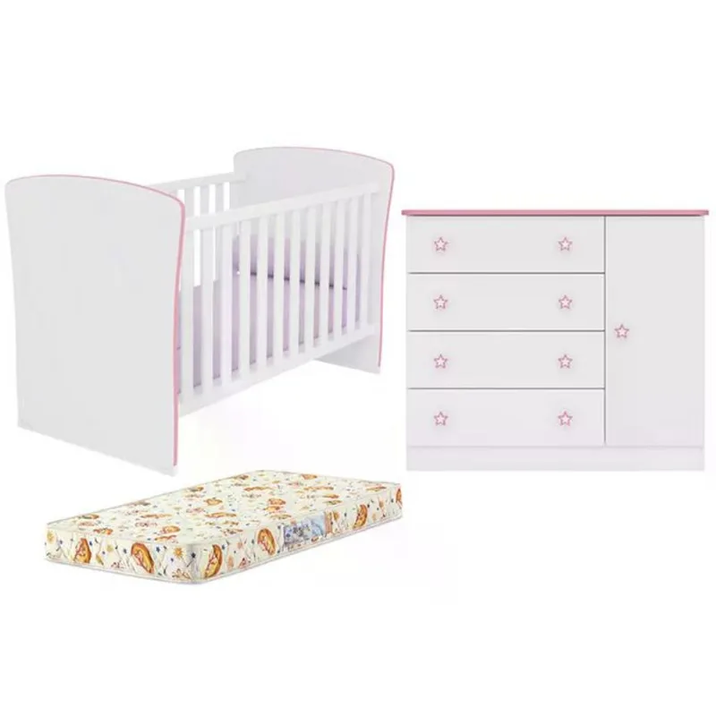 Berço Mini Cama 2484 E Comoda 2561 Doce Sonho Branco Rosa Com Colchao Qmovi