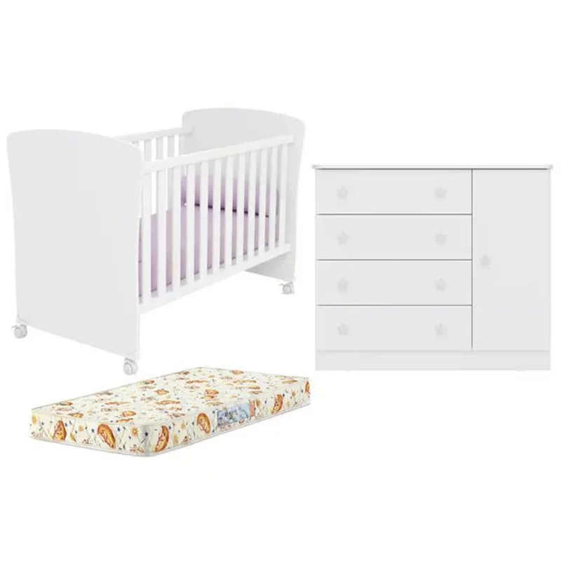Berço Mini Cama 2484 E Comoda 2561 Doce Sonho Branco Com Colchao E Rodizios Qmovi