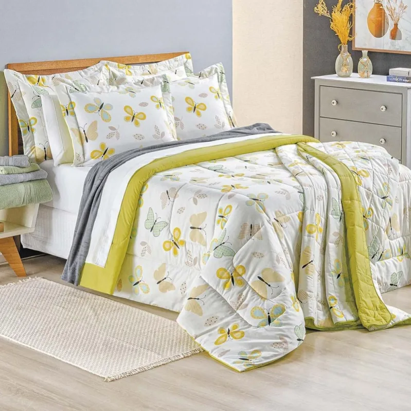 Edredom Casal Padrão Borboleta Estampado 150 Fios 100% Algodão 3 Peças - Casa Modelo Enxovais - Cama, Mesa E Banho