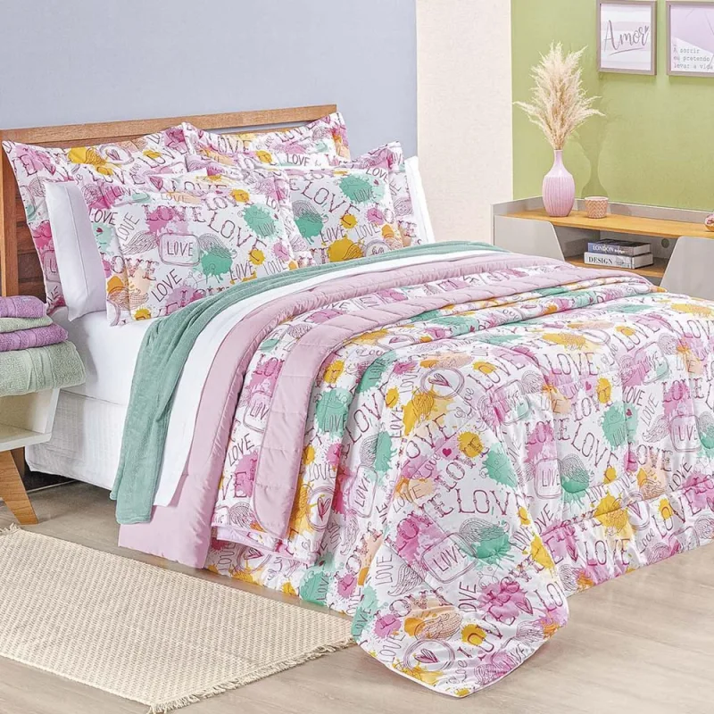 Edredom Casal Padrão Amore Estampado 200 Fios 100% Algodão 3 Peças - Casa Modelo Enxovais - Cama, Mesa E Banho