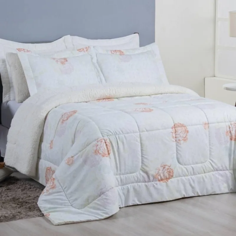 Edredom King Coberdrom Top Line Estampado Hipercal/Sherpa 3 Peças - Garden - 100% Poliester - Casa Modelo Enxovais - Cama, Mesa E Banho