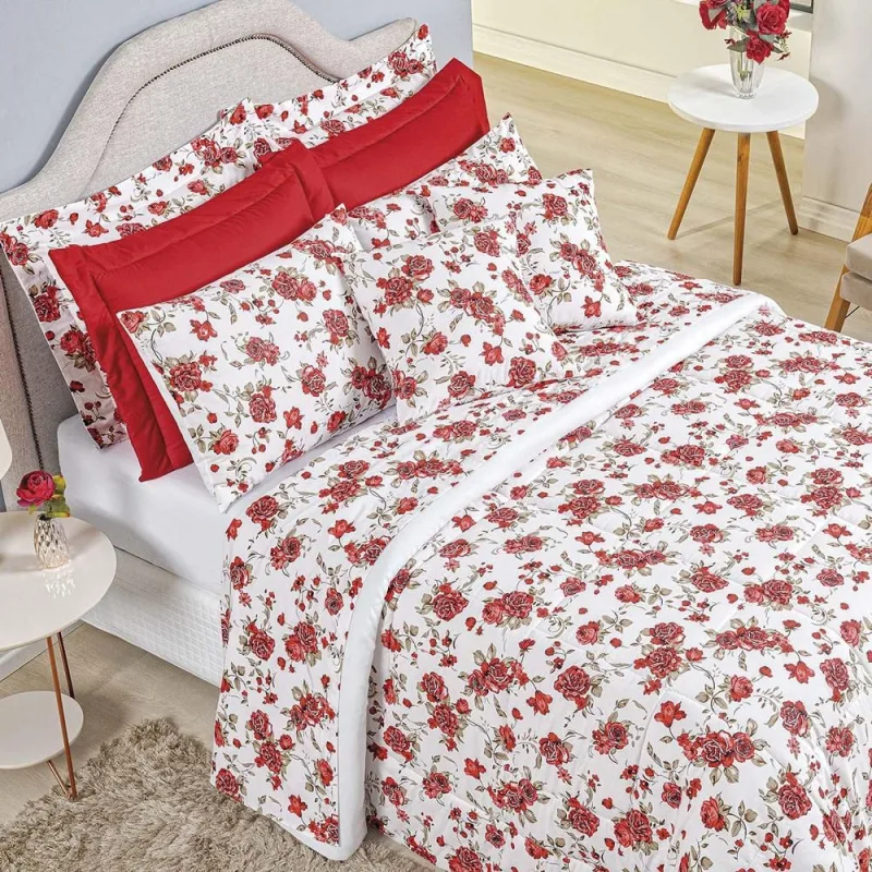 Edredom Queen Craft Percal 200 Fios 100% Algodão 5 Peças - Rosas Vermelha - Casa Modelo Enxovais - Cama, Mesa E Banho