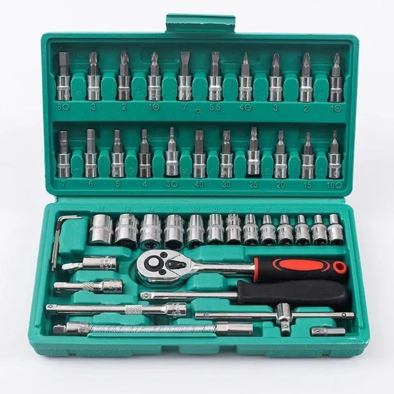 Jogo De Ferramentas Kit 46 Peças Em Aço Cromo Vanadium Com Soquetes E Maleta Compacta Aquilae