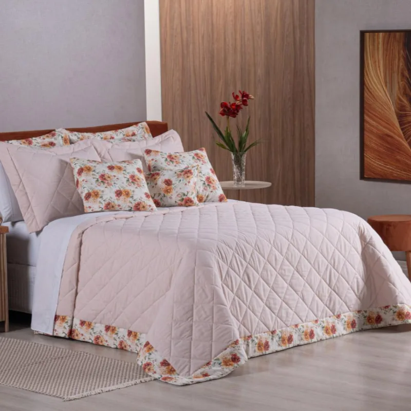 Kit Cobre Leito Colcha Luana Queen 5 Peças 100% Algodão 150 Fios Estampa Floral - Salmão