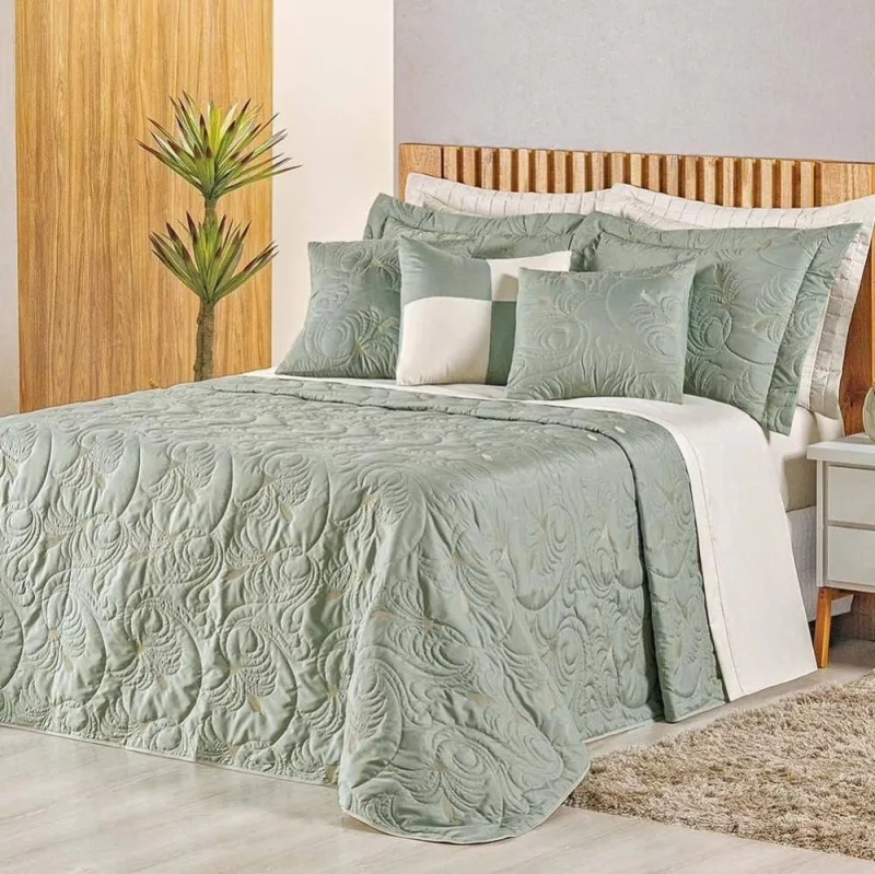 Cobre Leito Queen Dupla Face Micropercal 180 Fios Melody 5 Peças - Verde Malva - 100% Poliéster - Casa Modelo Enxovais - Cama, Mesa E Banho