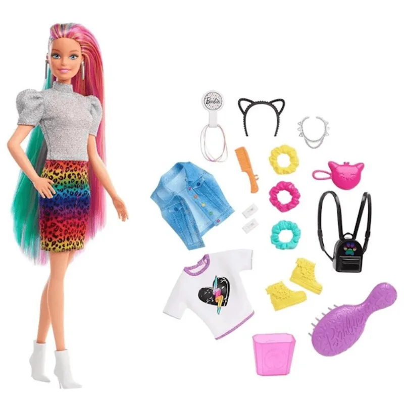 Boneca Barbie Penteado Fashion Arco Íris Oncinha Mattel GRN80