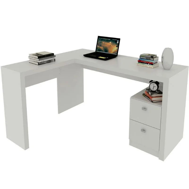 Mesa De Canto Para Escritório Em L Angular Com 2 Gavetas Branco