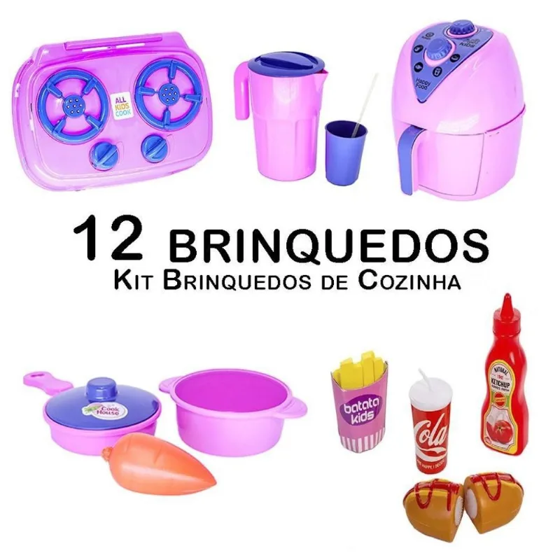 Kit Cozinha Infantil Air Fryer Fogão Panela Comida Copo 12Pç