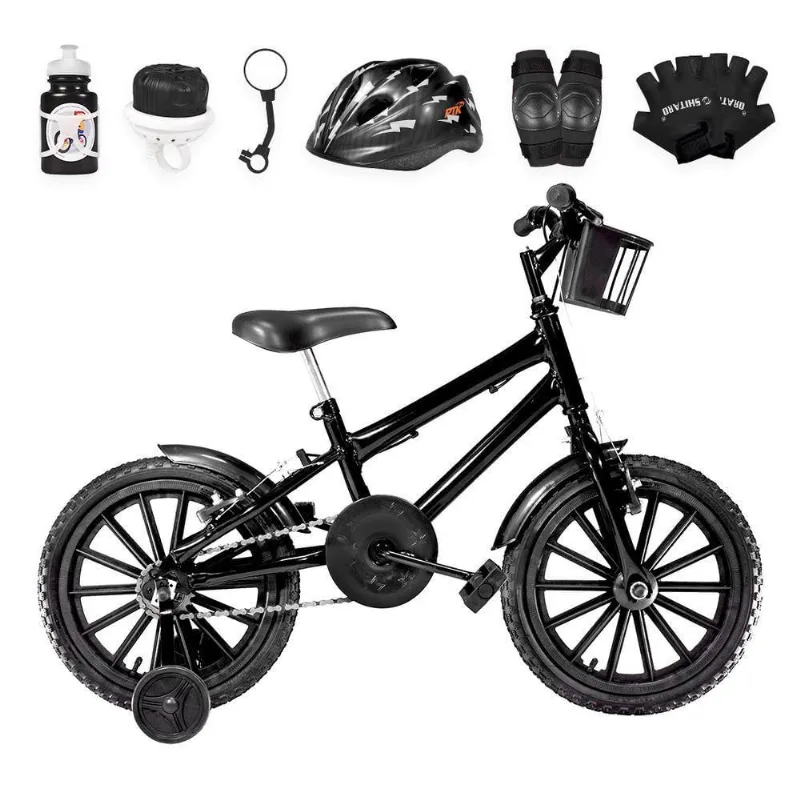 Bicicleta Infantil Aro 16 Nylon + Kit Proteção Preta
