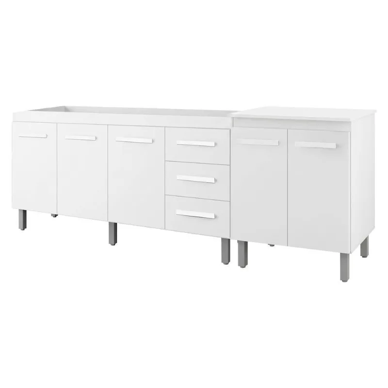 Balcão para Pia e Multiuso Emily e Serena 5 Portas 3 Gavetas 228cm Branco Moblis Móveis