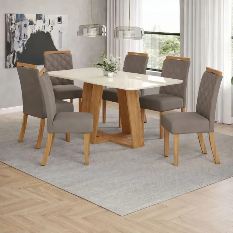 Conjunto de Mesa Tampo de Vidro 6 Cadeiras Bella Lins Henn 160cm | Nature/Off White/Marrom Amendoa