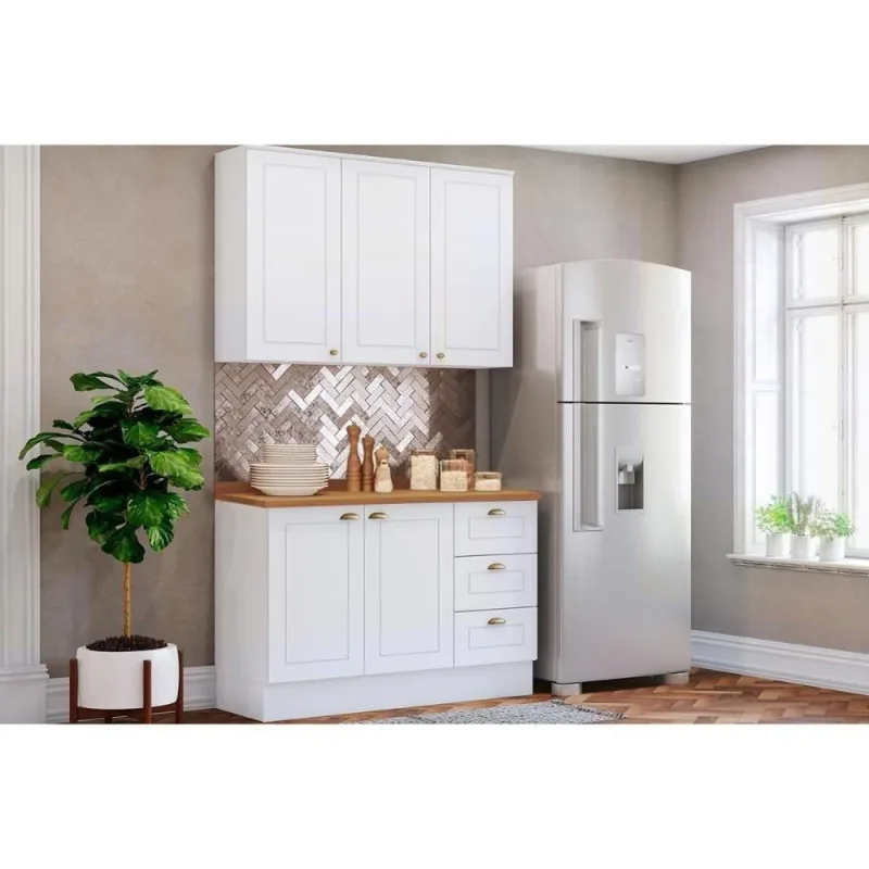 Cozinha Completa Henn 3 Peças 2 Portas 3 Gavetas MDF-MDP 120CM Branco com Nature Henn - OUTRAS - Agro