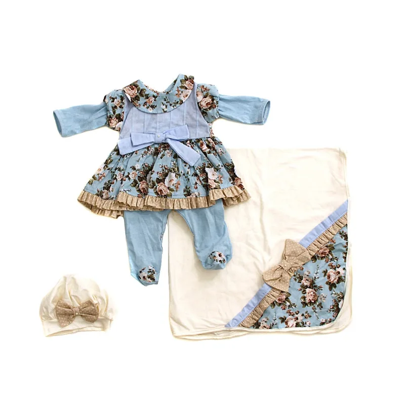 Kit Enxoval Saída Maternidade de Luxo Lavinia Azul Bebe Menina com 3 Peças