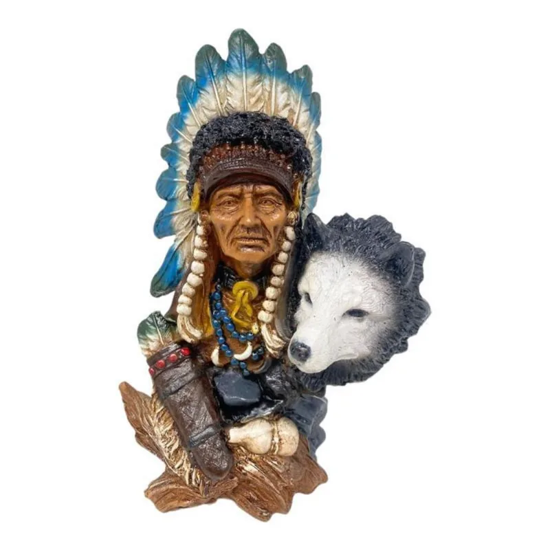 Escultura Índio Xamã Com Lobo Lado Cocar 24 Cm Em Resina