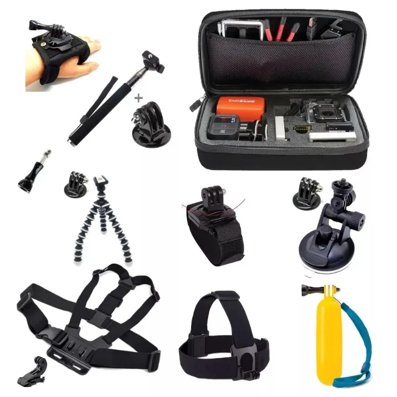 Kit Gopro Hero Xtrax Mala Luva Peito Jhook Cabeça Flutuante Ventosa Mini Tripé Adaptador Pau de Selfie Tripod Pulso