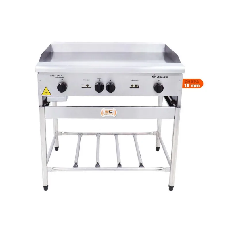 Chapa Americana Profissional 90cm a Gás 18mm Lisa Inox com Pé CGP90 - Venâncio
