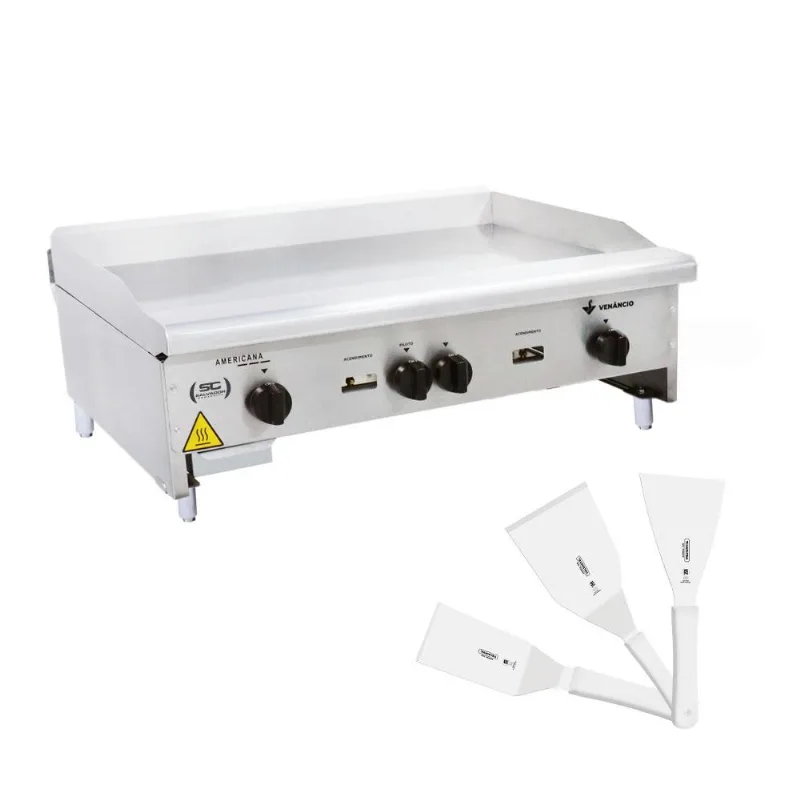 Chapa Americana Profissional 90cm a Gás 8mm Lisa Inox CG90 e Conjunto de Espátulas - Venâncio