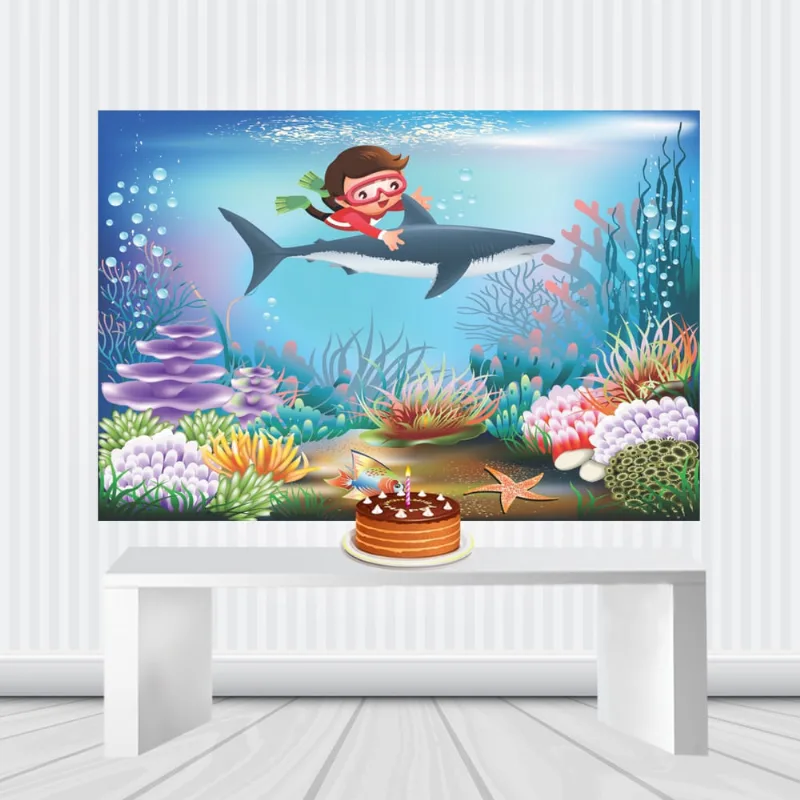 Painel Festa Infantil fundo do mar tubarão 2,5por1,5m menino