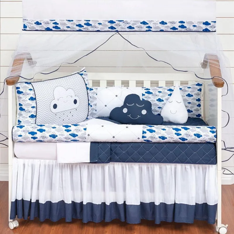 Protetor De Berço Nuvem Chuva Rolinho Azul Baby 11 Peças