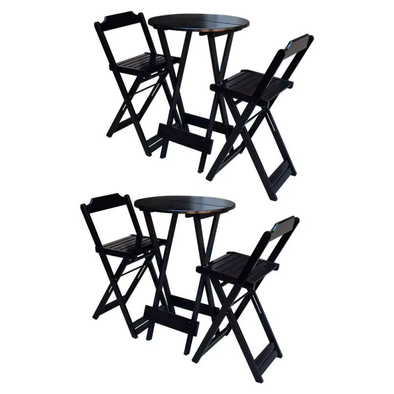 Kit 2 Jogos De Mesa Bistrô Dobrável Em Madeira Maciça Com 2 Banquetas Altas - Preto - Preto - OUTRAS MARCAS - Agro