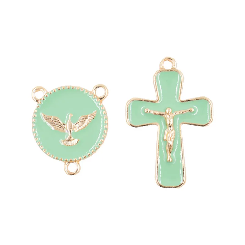 Kit Crucifixo E Entremeio (Espirito Santo) Para Terço Em Zamac Com 05 Pares Verde Bebe