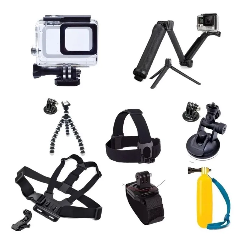 Kit GoPro 5 6 7 Black Caixa Estanque Bastão 3 Way Suporte Peitoral Cabeça Boia Ventosa Pulso 360ª Tripé Flexível Tripod