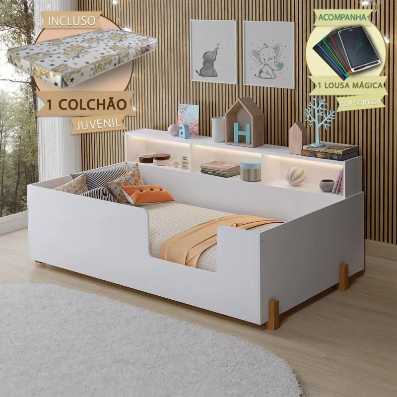 Cama Infantil Doçura com Nicho Lousa Mágica MDF Branco - OUTRAS - Móveis
