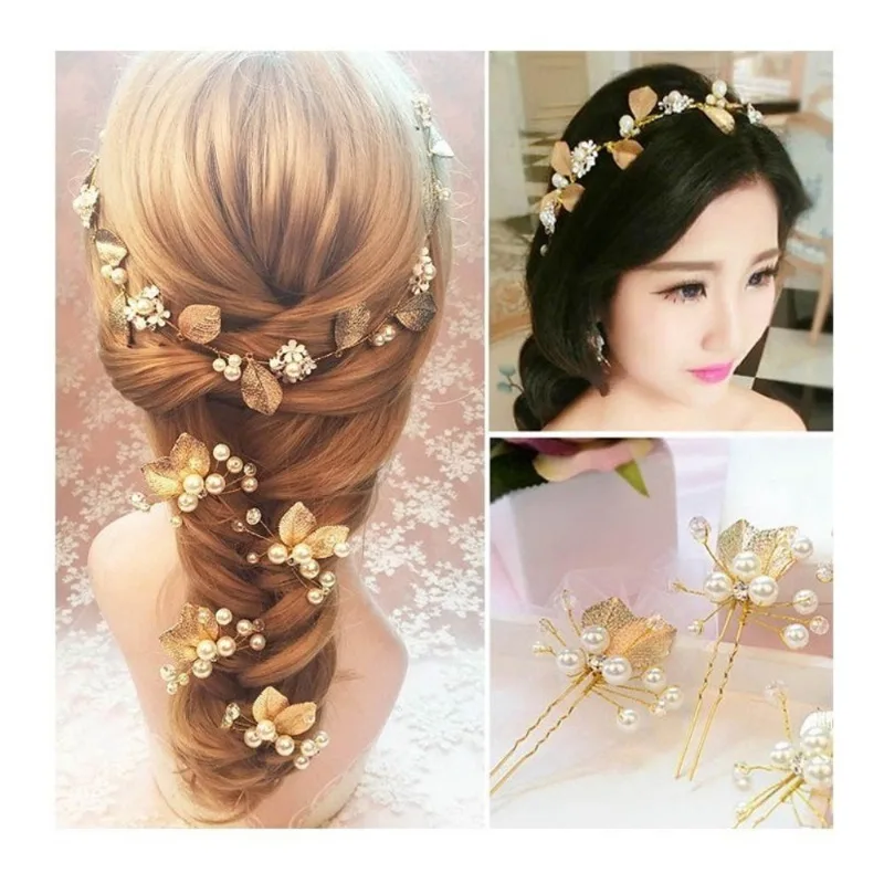 4 Arranjo Enfeite Aplique Dourado Cabelo Noiva Perola Dama