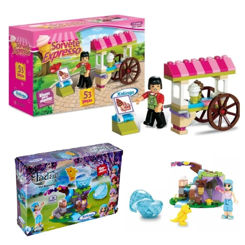 Kit Blocos de Montar Sorvete 53p e Blocos Fadas 83p Xalingo Brinquedo