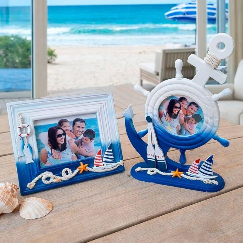 Porta Retrato Náutico para Decoração Kit 2 Peças em Mdf e Vidro Branco e Azul - OUTRAS - Casa E Construção