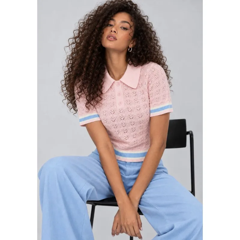 Blusa Tricot Gola Polo com Textura e Barra Listrada Rosa Salvatore Tamanho M
