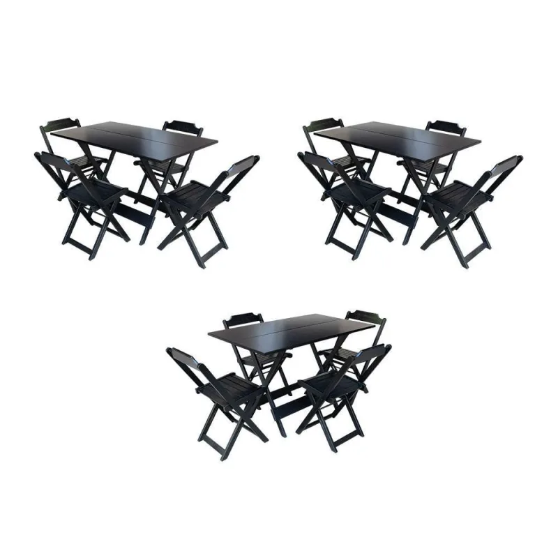 Kit 3 Jogos De Mesa Dobravel Com 4 Cadeiras De Madeira 120X70 Para Restaurante E Bar - Preto - OUTRAS MARCAS - Agro