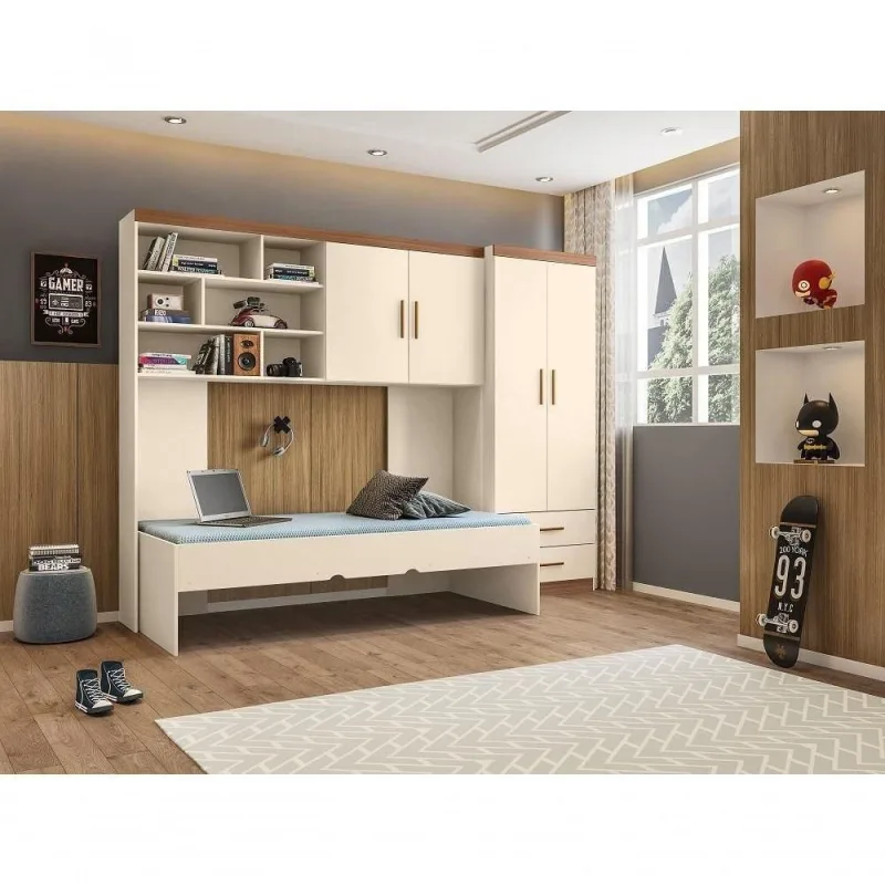 Quarto Infantil Chiara com Guarda Roupa e Módulo Aéreo e Cama 2 Portas MDP Off White Phoenix Baby - Phoenix Baby - Agro