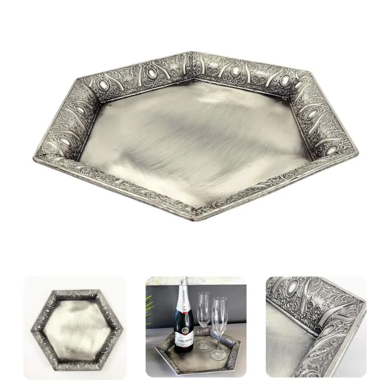 Bandeja Prata Decorativa Hexagonal 37cm Decoração M
