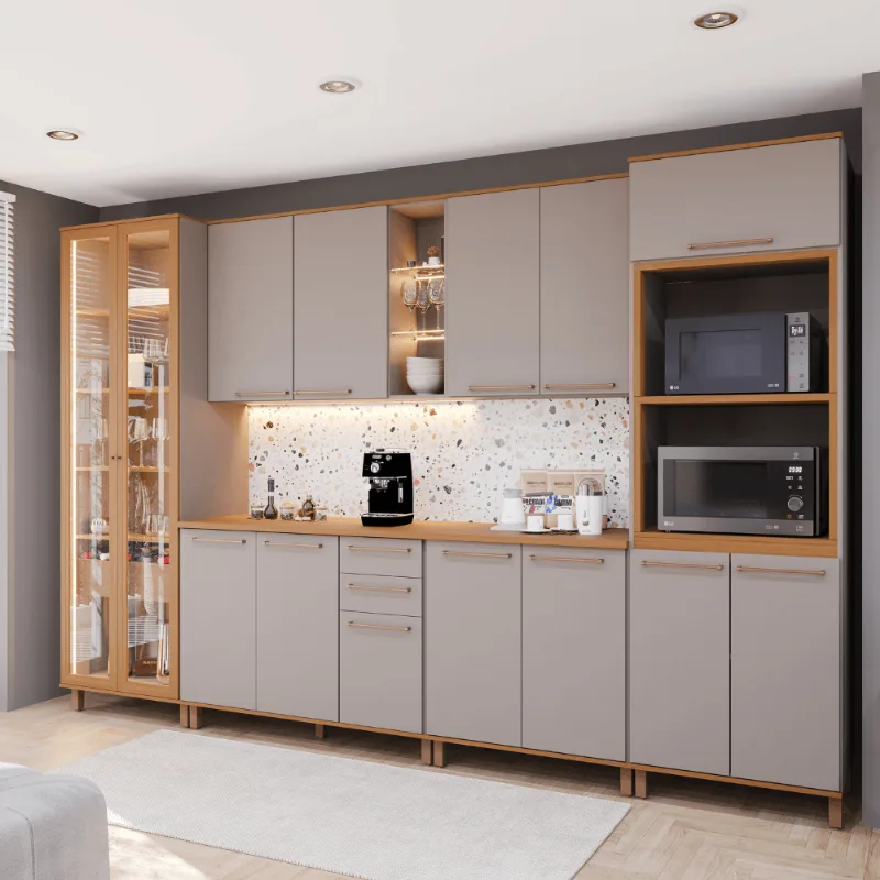 Cozinha Modulada Completa 7 Peças 14 Portas 2 Gavetas com Tampo Indekes Iza | Camurça/Freijo