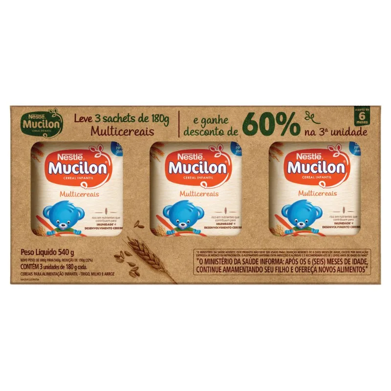 Cereal Infantil Mucilon Multicereais Pacote 540g c/ 3 Unid Desconto de 60% na 3ª Unidade