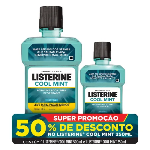 KIT ENXAGUANTE BUCAL ANTISSÉPTICO HORTELÃ LISTERINE COOL MINT 500ML LEVE MAIS PAGUE MENOS GRÁTIS 50% DE DESCONTO LISTERINE 250ML - LISTERINE