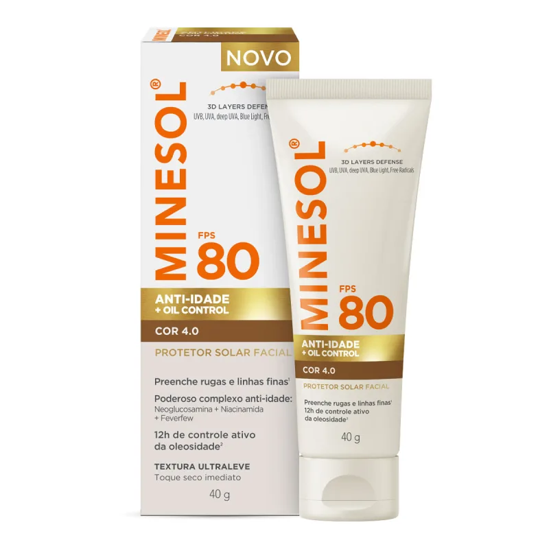 Protetor Solar Facial Minesol Anti-idade FPS80 Cor 4 40g - Minesol - Protetor Solar